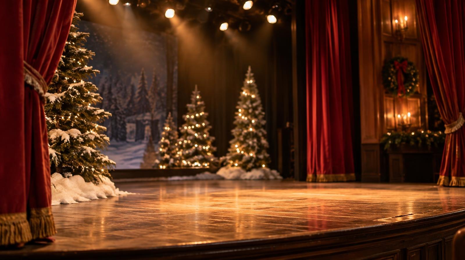 Empty holiday stage with red curtains, snow-dusted pine trees, and golden spotlights.