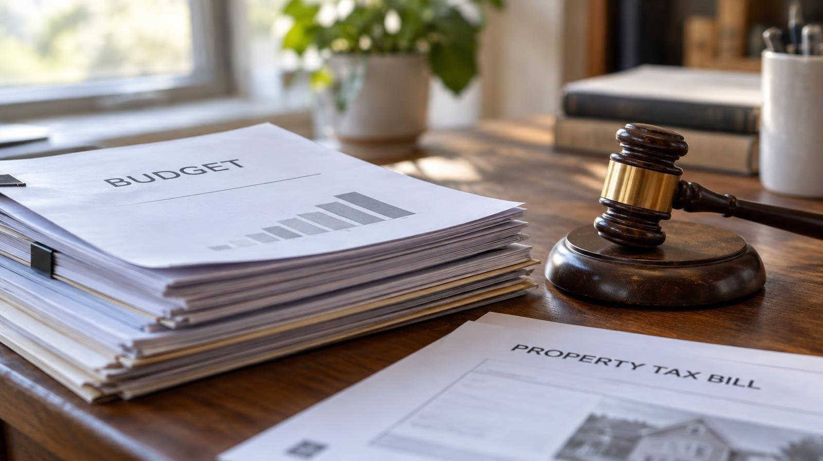 A wooden gavel beside a stack of documents on a desk in natural light.