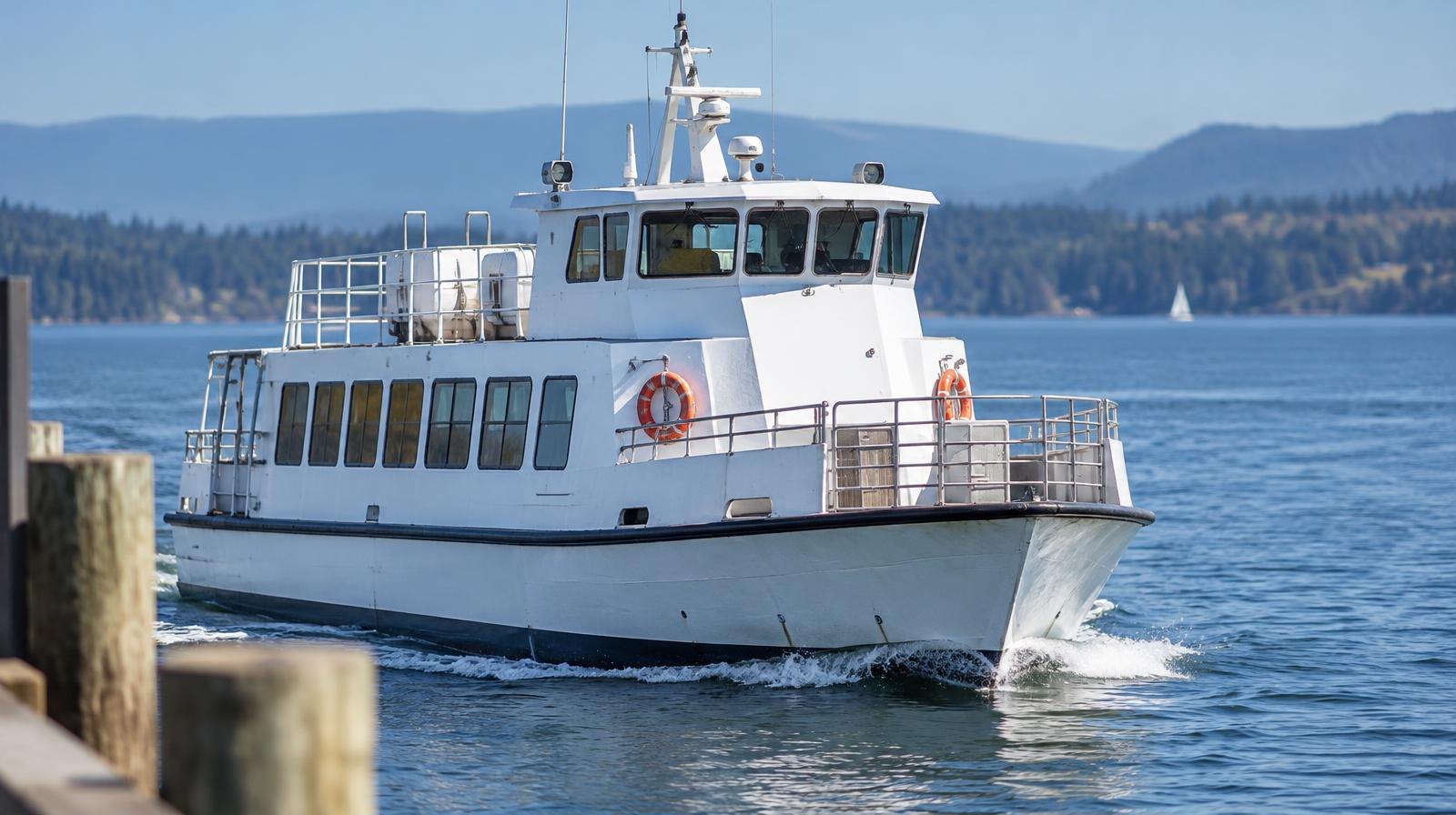 A small white passenger ferry boat traveling across calm blue water on a sunny day.