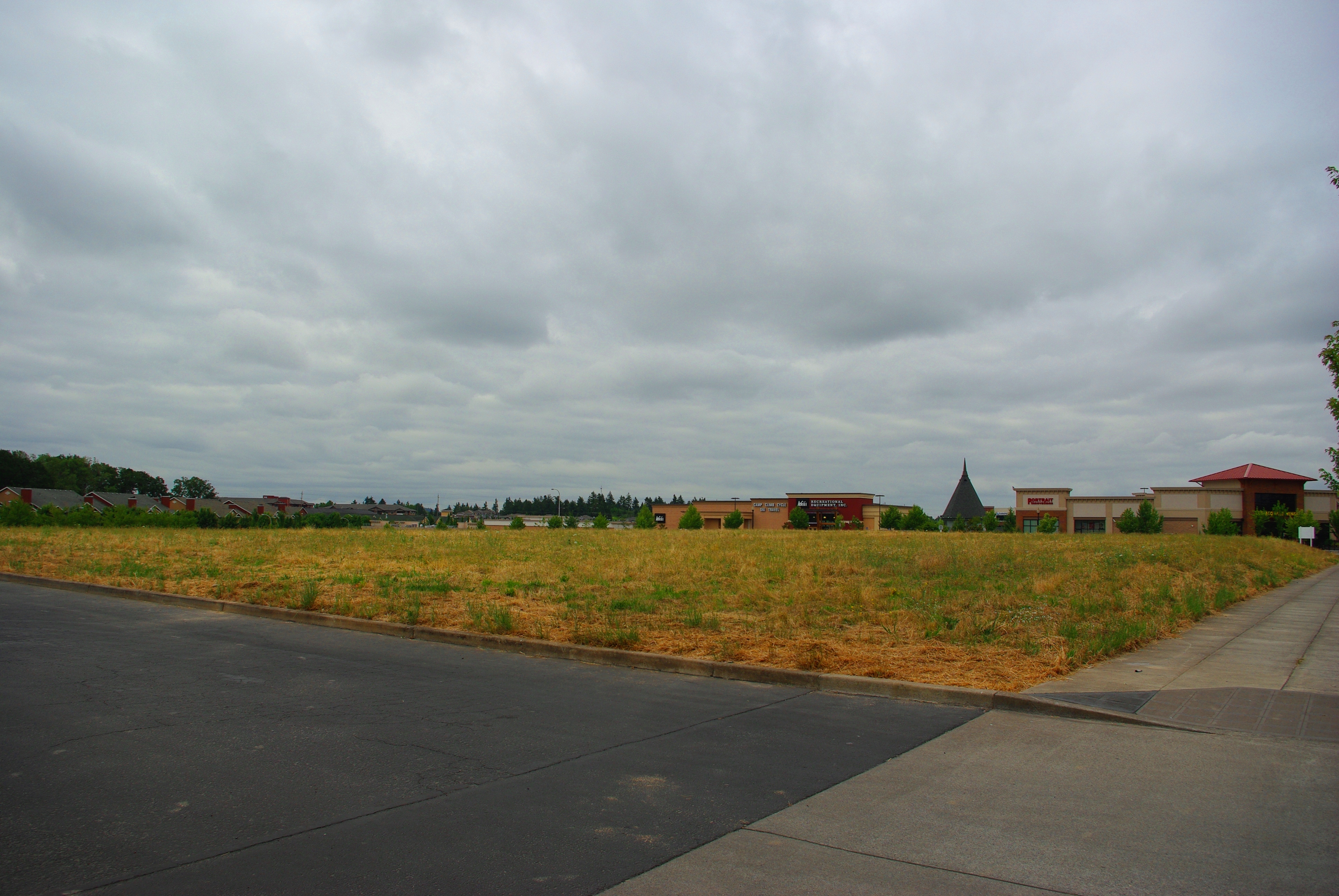 An open field with a hospital complex under construction visible in the background under overcast skies.