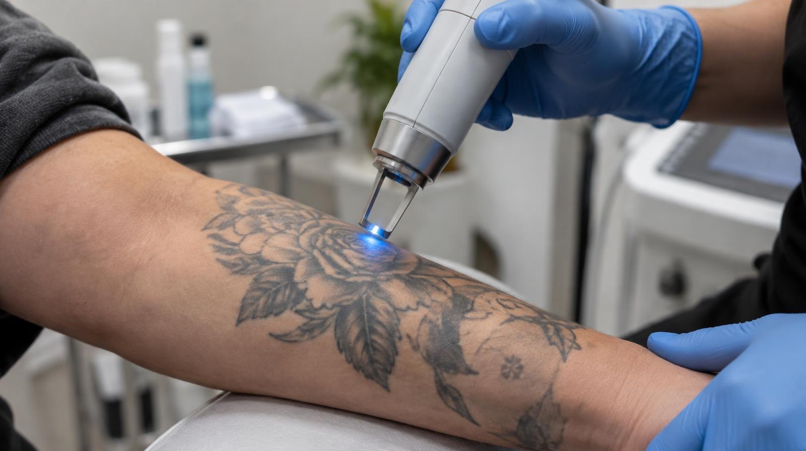 A laser device hovers over a tattooed forearm in a clinical setting.