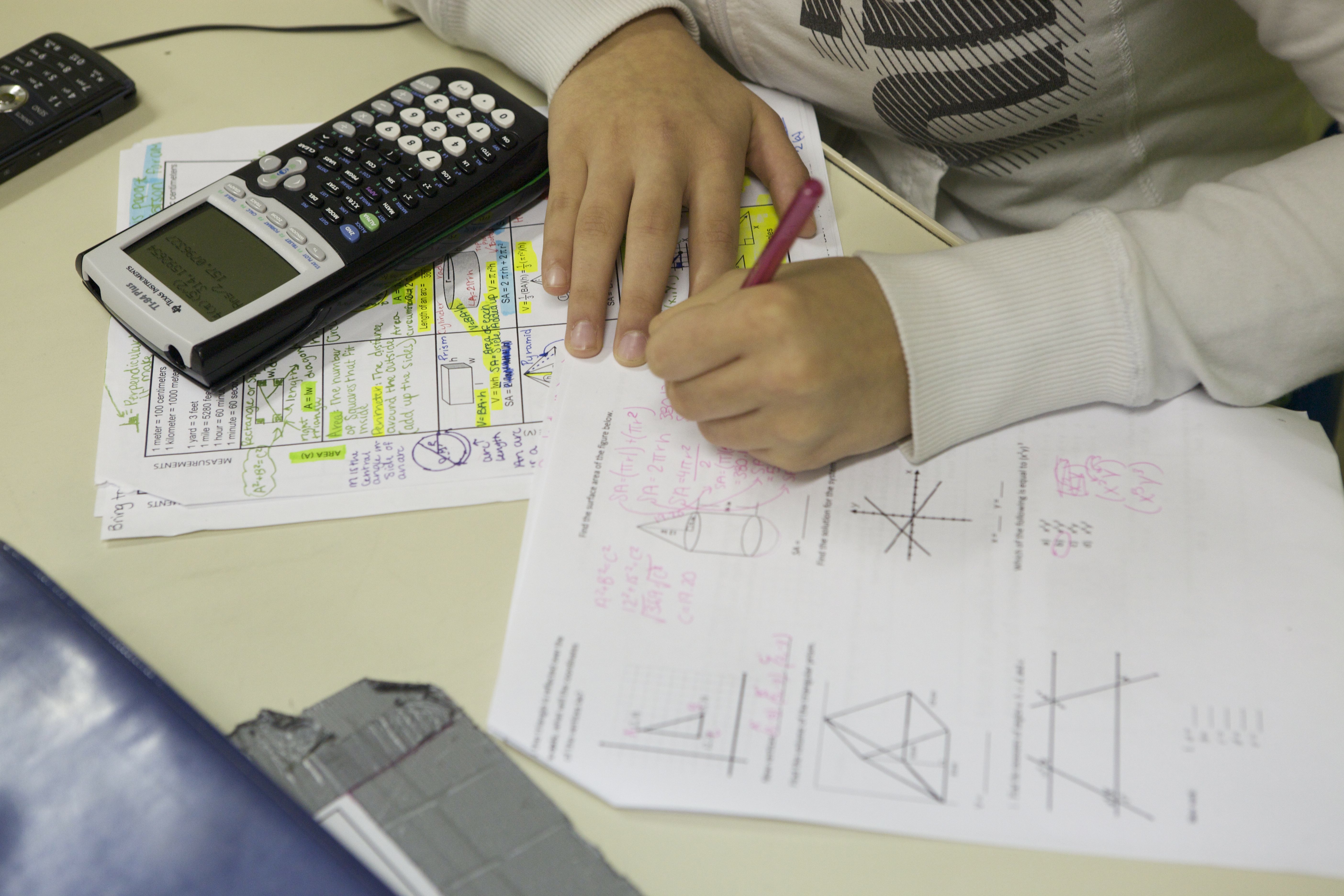 Student's hands writing on math worksheets with a graphing calculator on the desk.