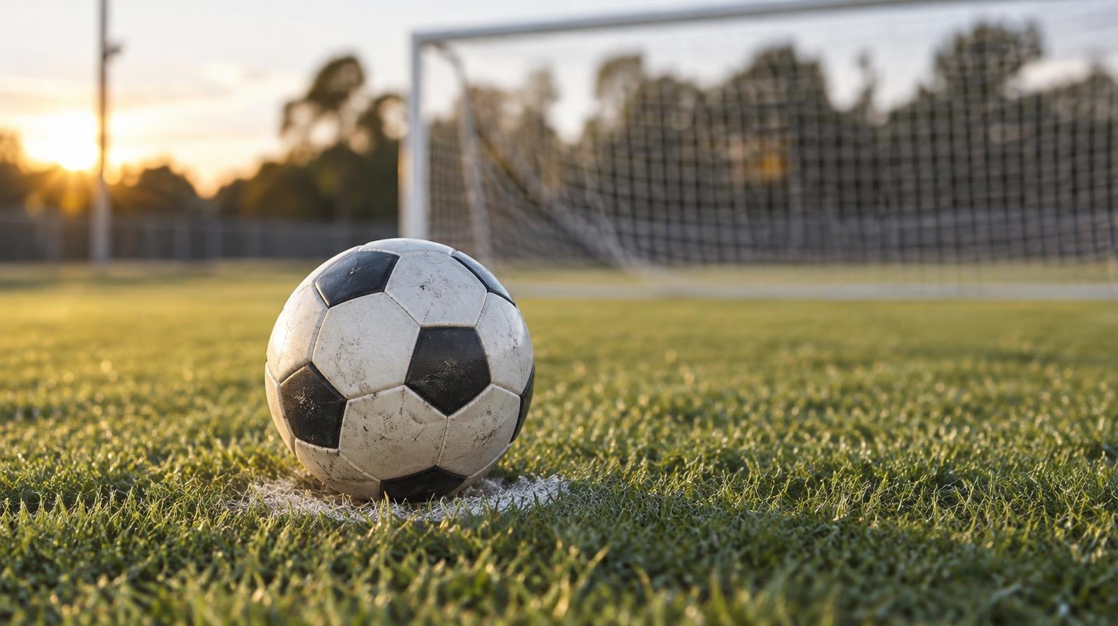 Soccer ball on the penalty spot of a grass field with a goal net in the background.
