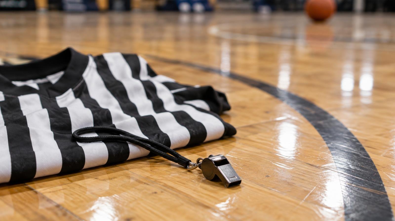 A silver whistle and black-and-white striped shirt on a hardwood basketball court floor.