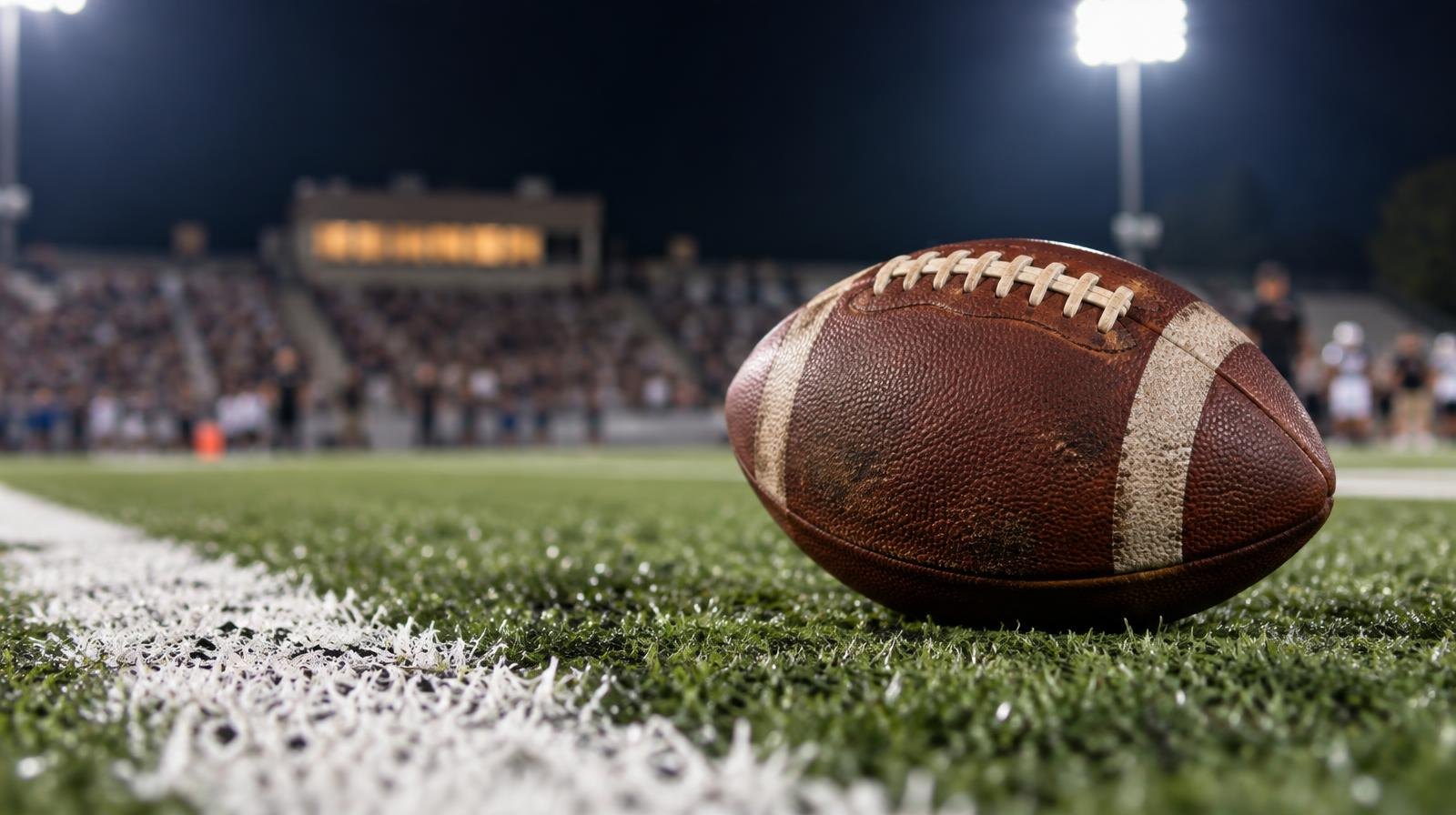 An American football sitting on green artificial turf beside a white yard line.
