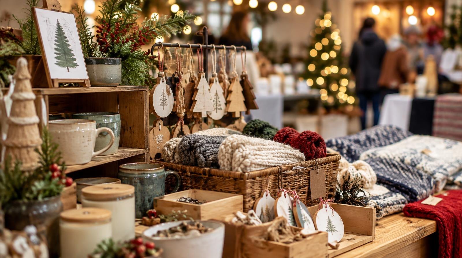 A table covered with handmade holiday ornaments and artisan gift items.