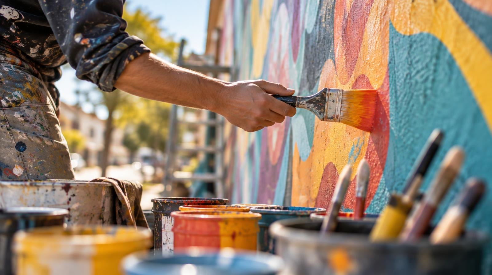 A paintbrush applies colorful strokes to a wall, surrounded by paint cans and brushes.