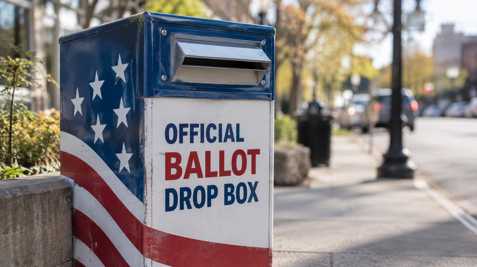A red, white, and blue ballot drop box with a metal slot, mounted outdoors on a sidewalk.