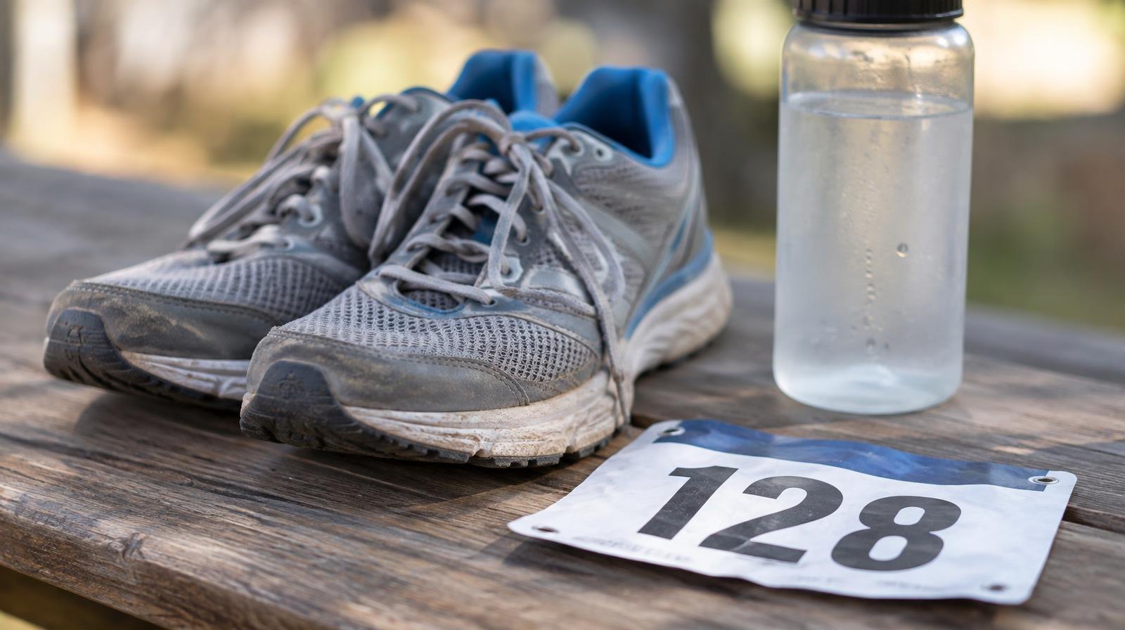 Running shoes and a race bib number on a wooden surface beside a water bottle.