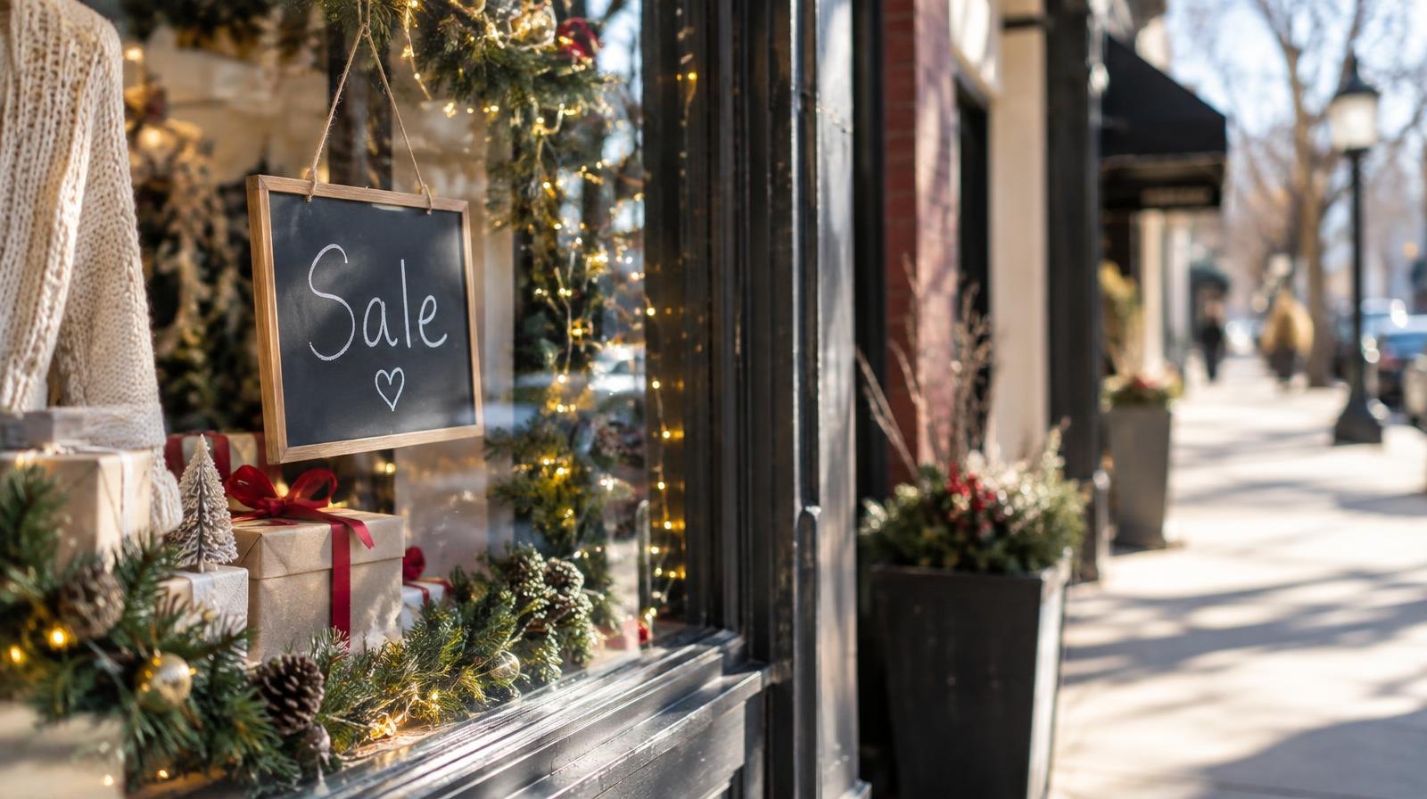 A shop window decorated with holiday garland and twinkling string lights.