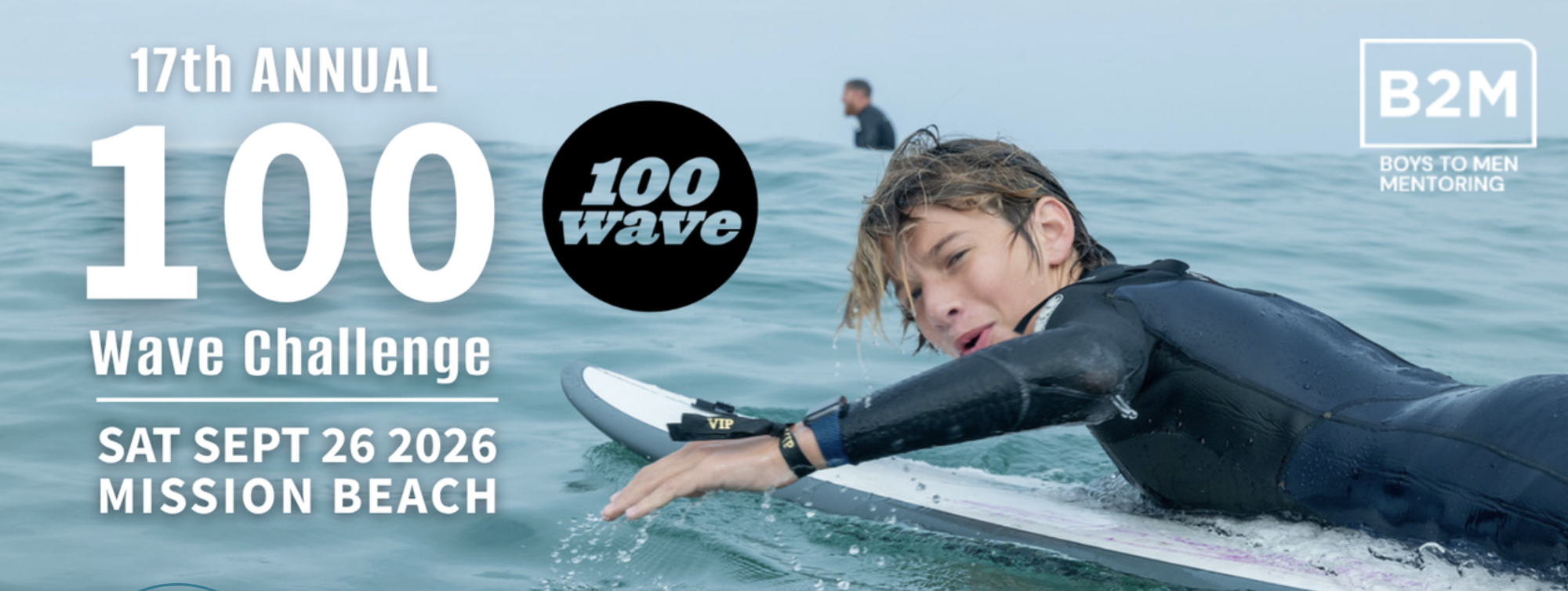 Event flyer showing a surfer paddling on a wave with 100 Wave Challenge branding.