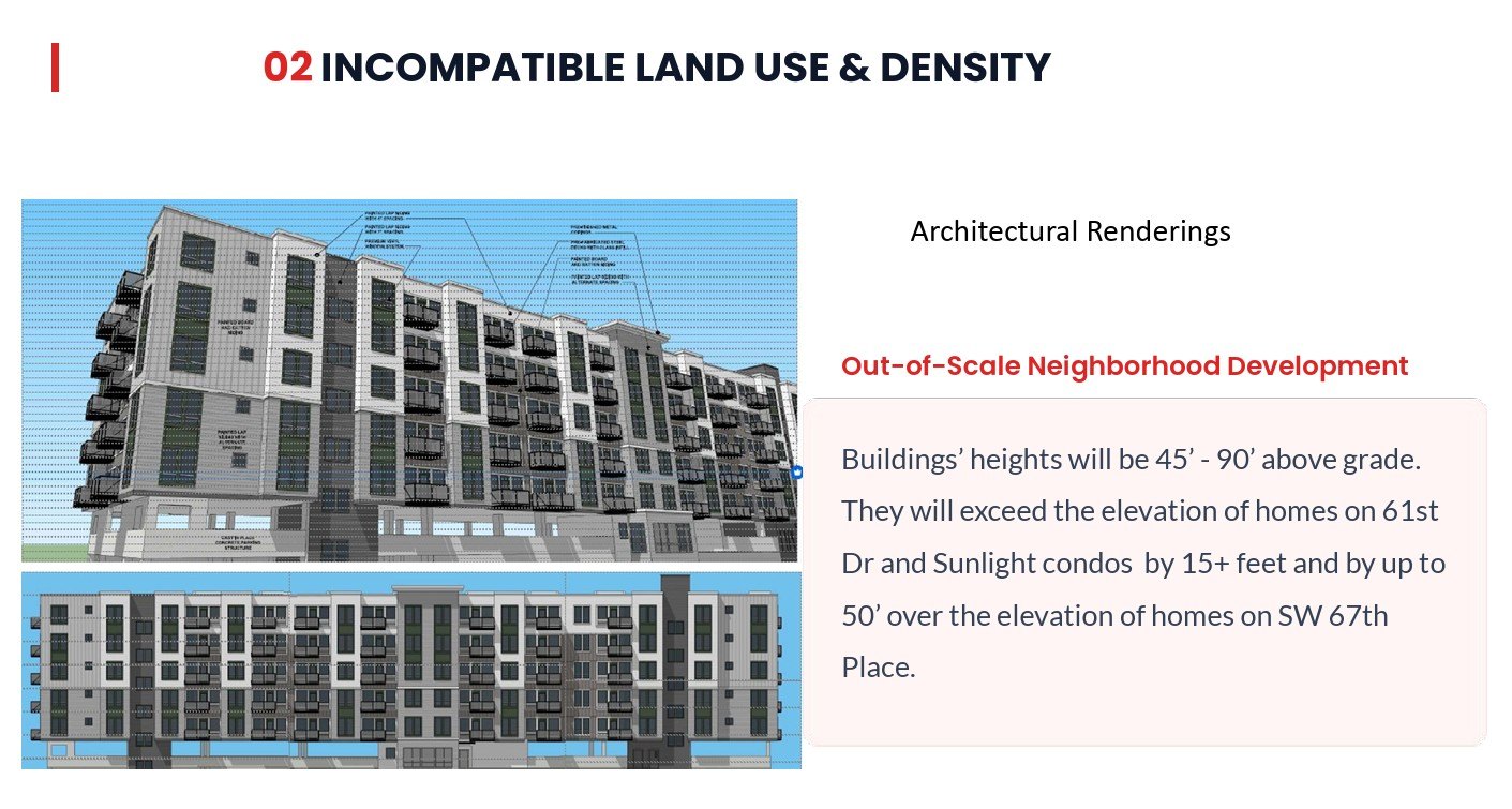 Slide showing two renderings of a multi-story apartment building with height comparison text.
