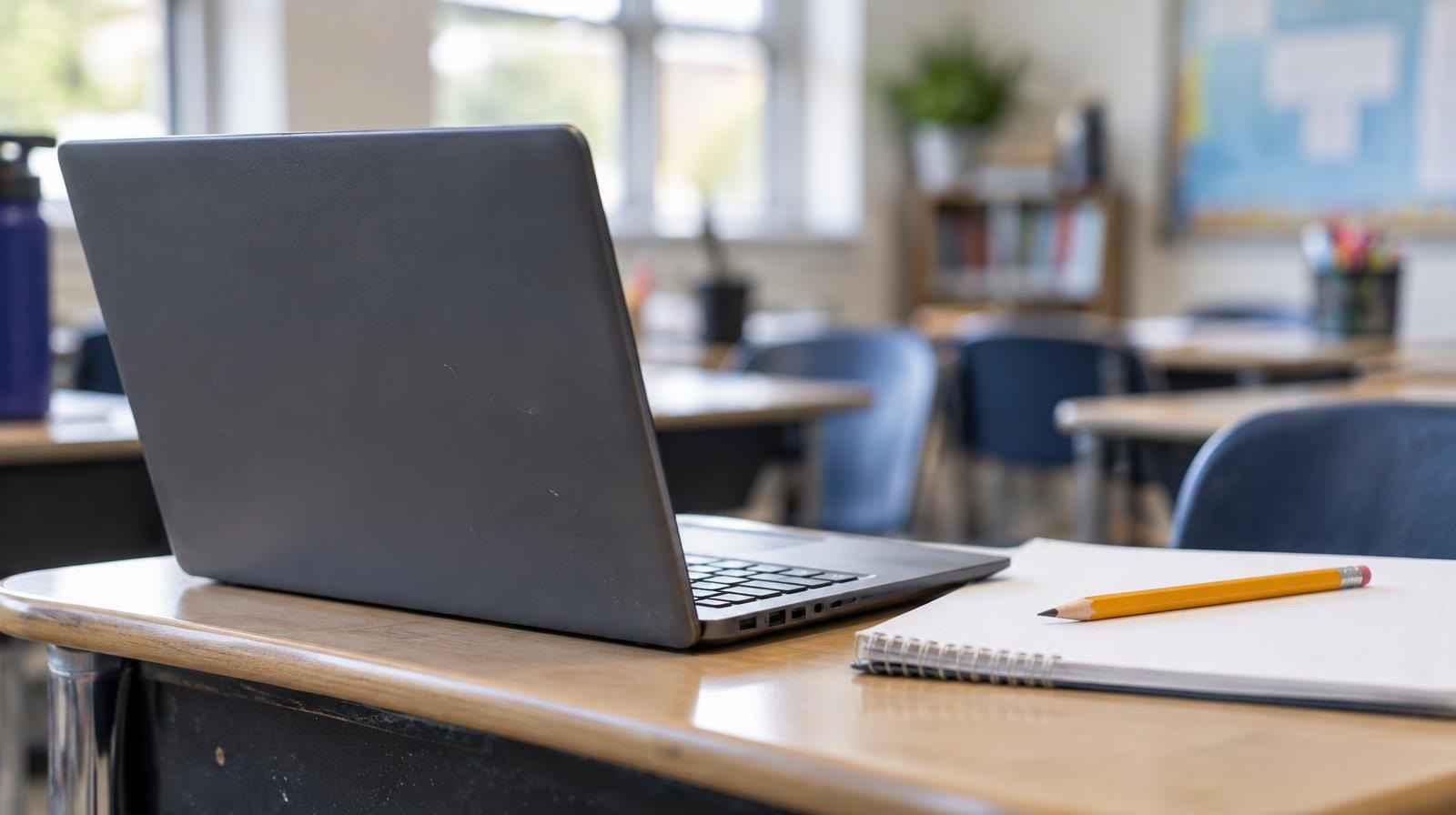 An open laptop computer on a wooden school desk with a pencil and notebook.