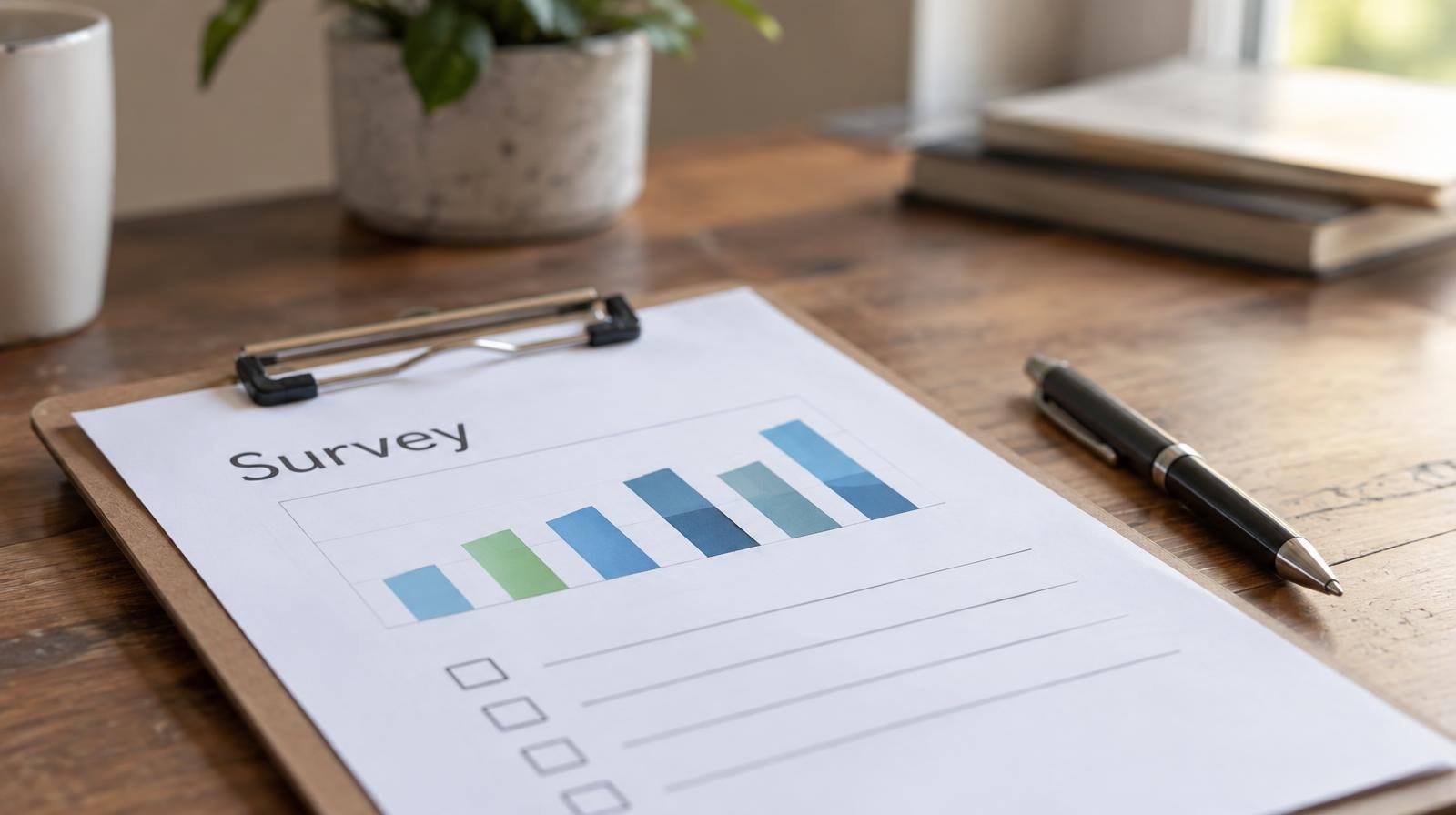 A clipboard with a blank survey form resting on a desk beside a pen.