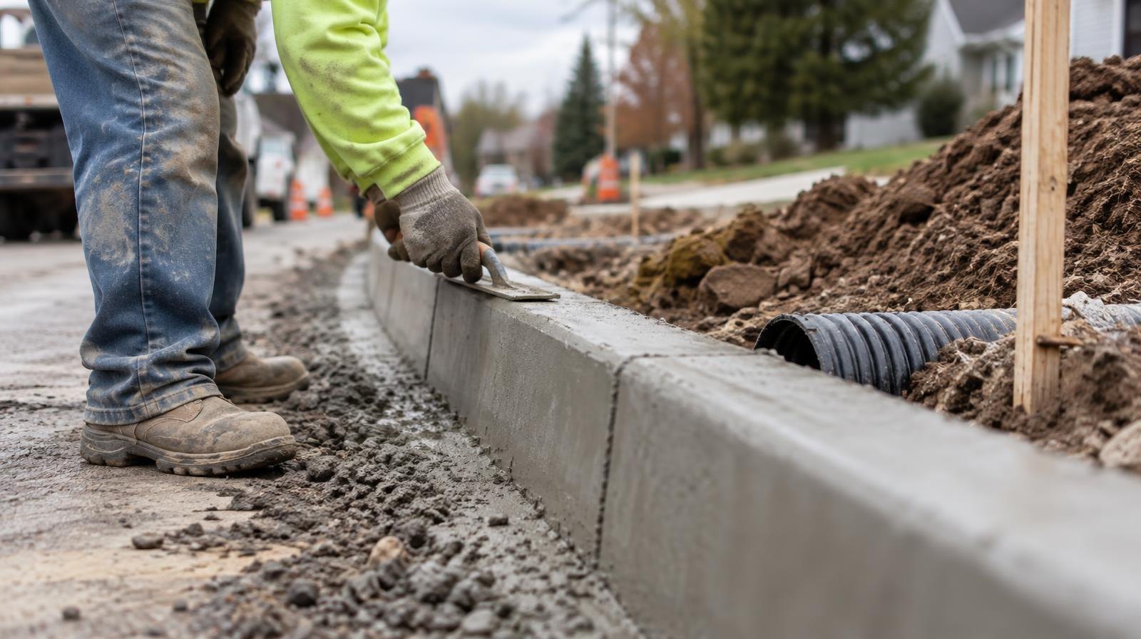 Fresh concrete curb installation along a suburban street with exposed drainage pipe.