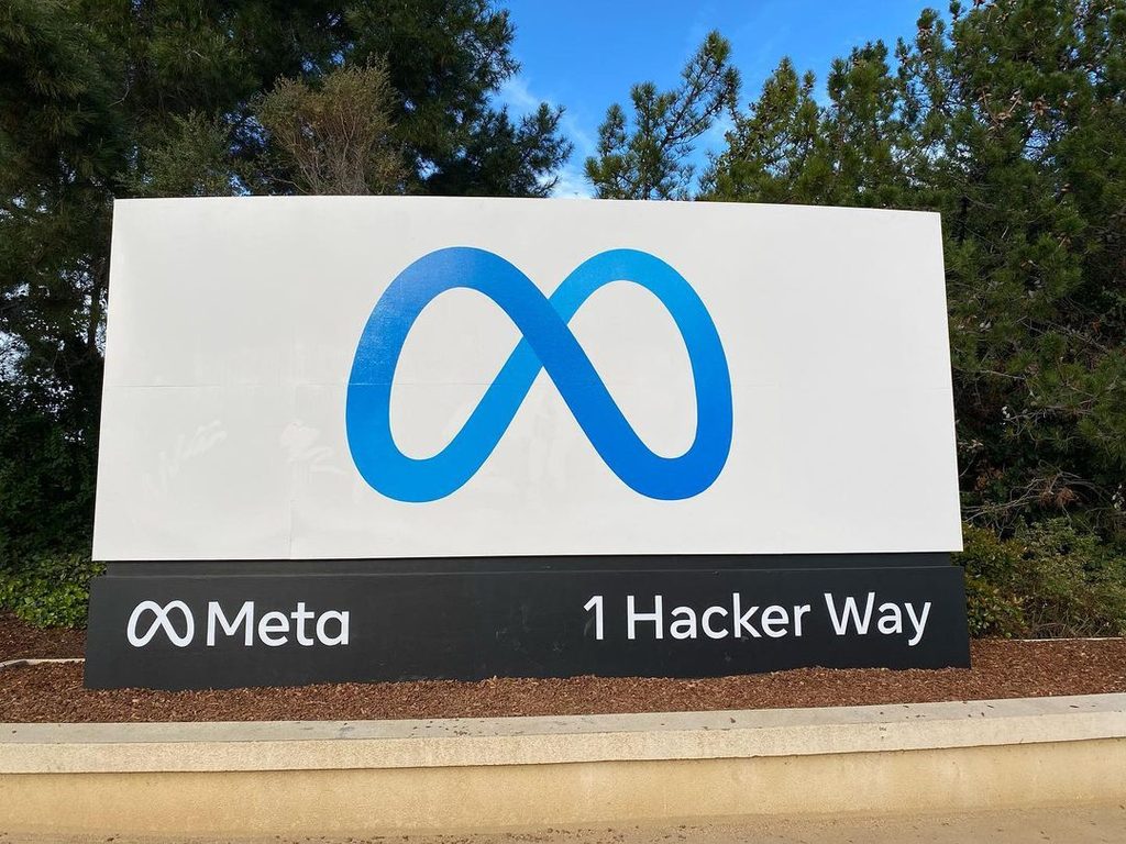 Entrance sign at Meta's headquarters complex in Menlo Park, California