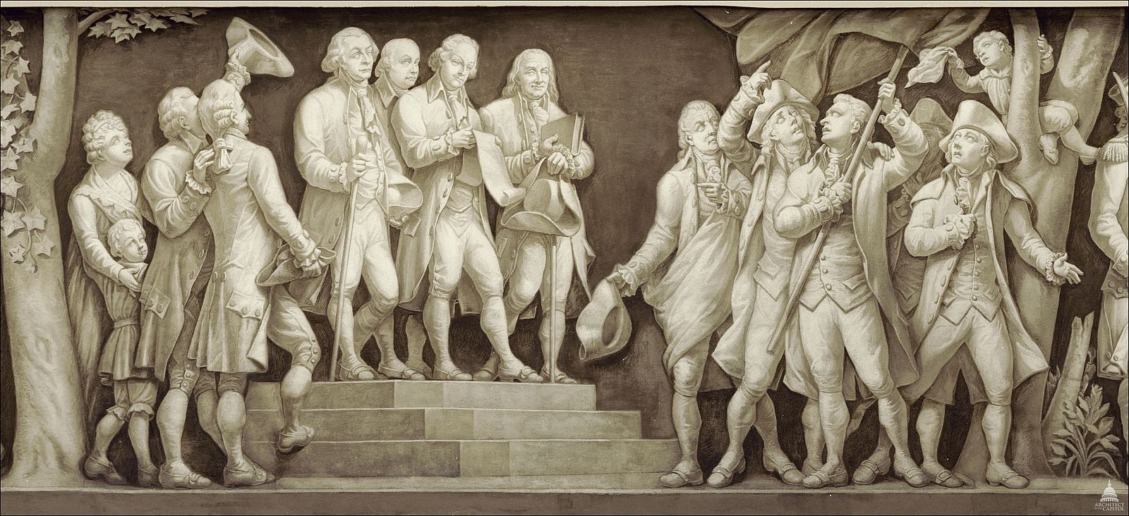 Monochrome frieze painting showing colonial figures reading a document to a gathered crowd raising hats in celebration.
