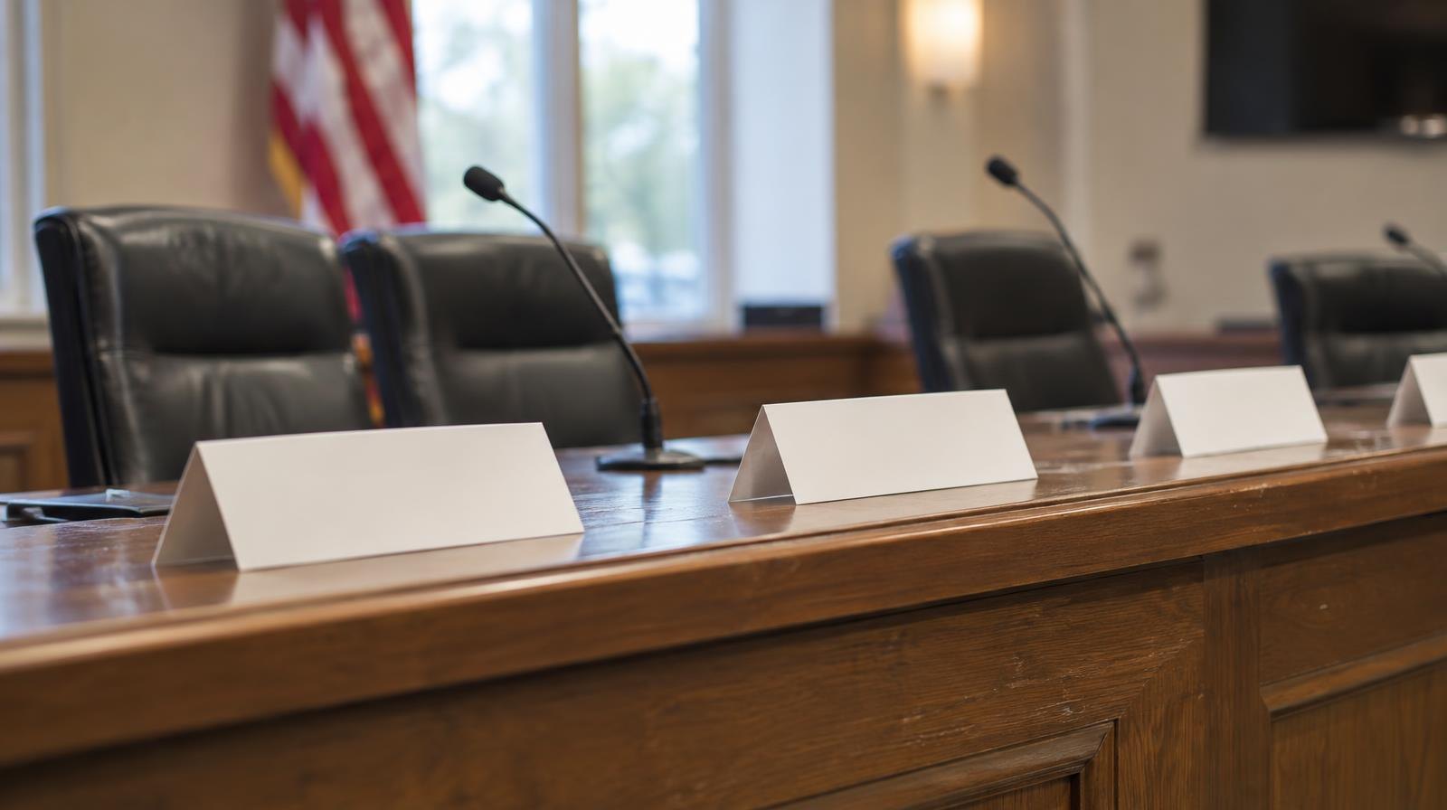 Empty chairs and blank name placards at a local government council dais.