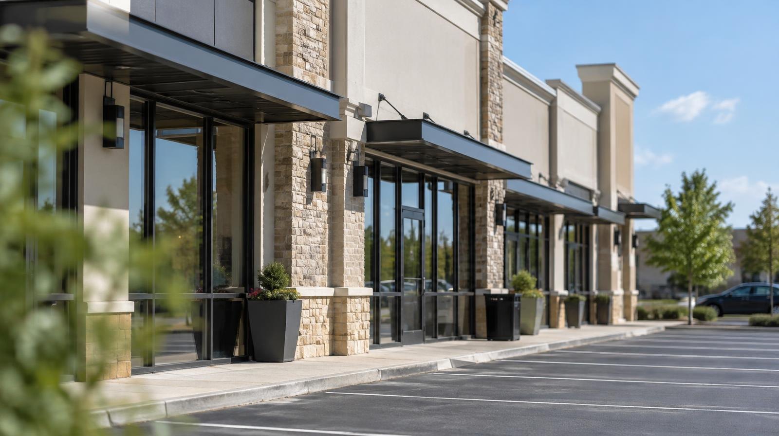 Modern retail building exterior with large windows and a paved parking lot.