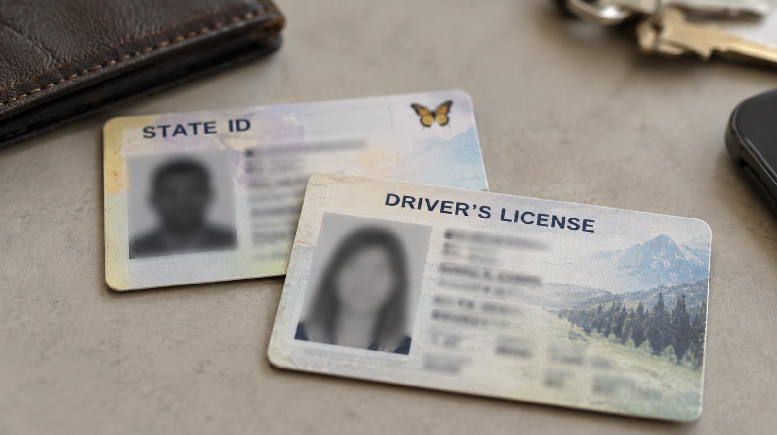 Two identification cards on a flat surface, one bearing a small butterfly symbol.