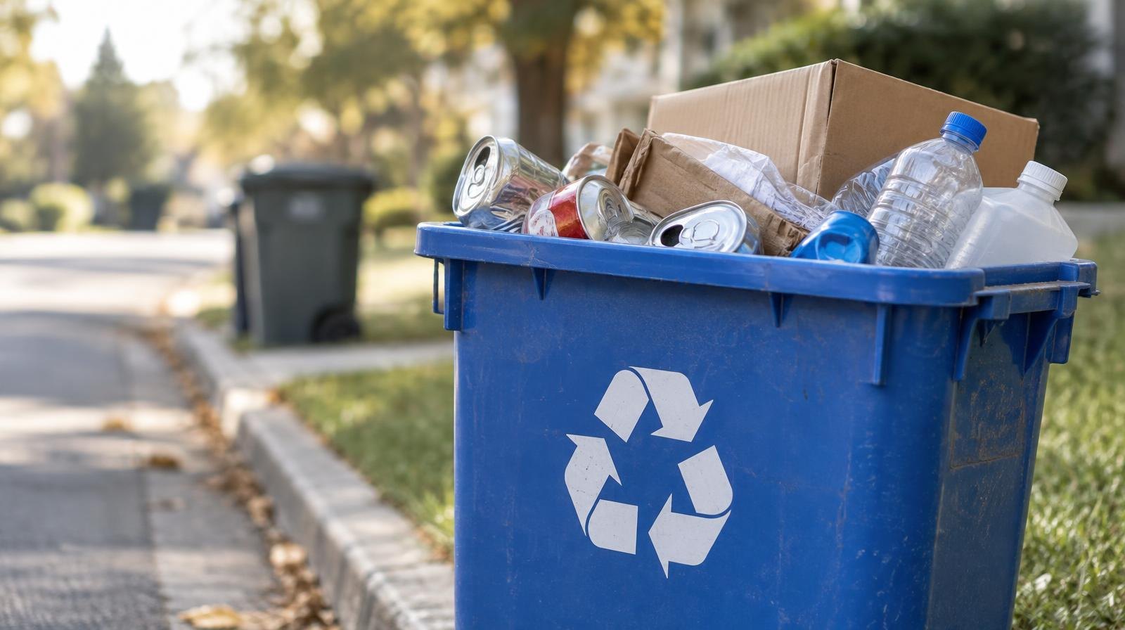 Blue recycling bin filled with cans, cardboard, and plastic bottles on a curb.