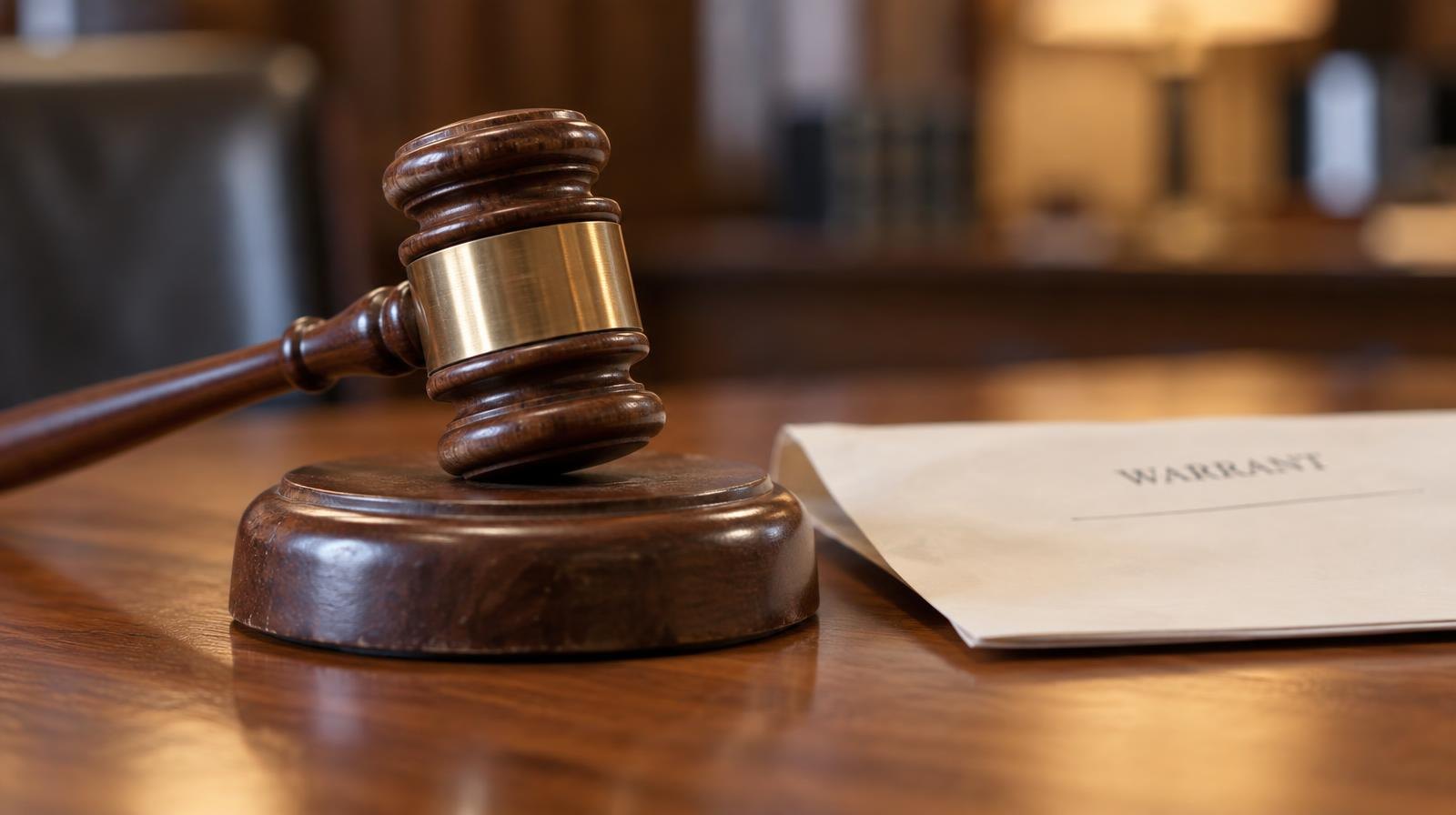 Wooden gavel resting on its sound block on a polished table.