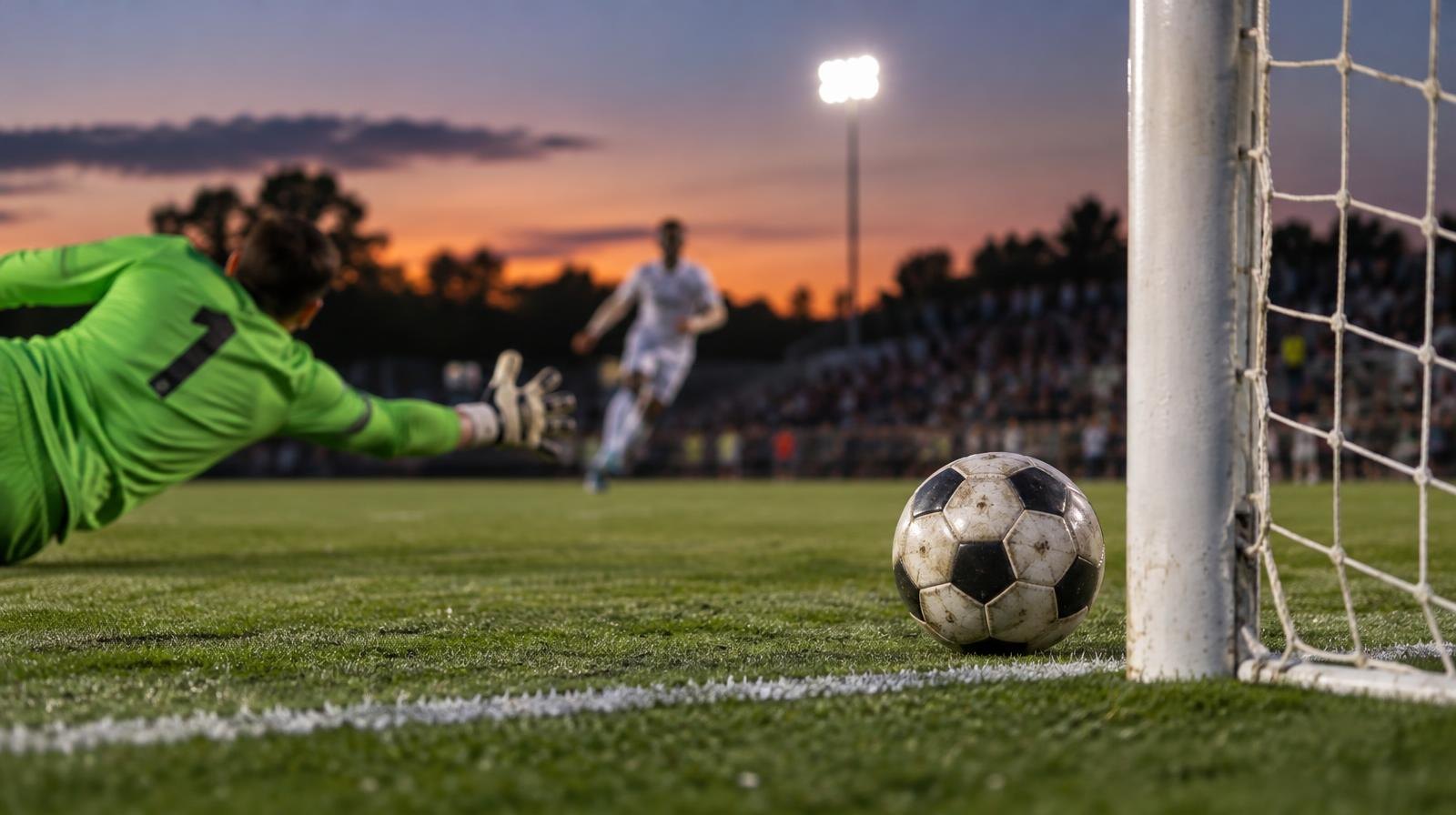 A soccer ball rolls into the corner of a goal net under stadium lights.