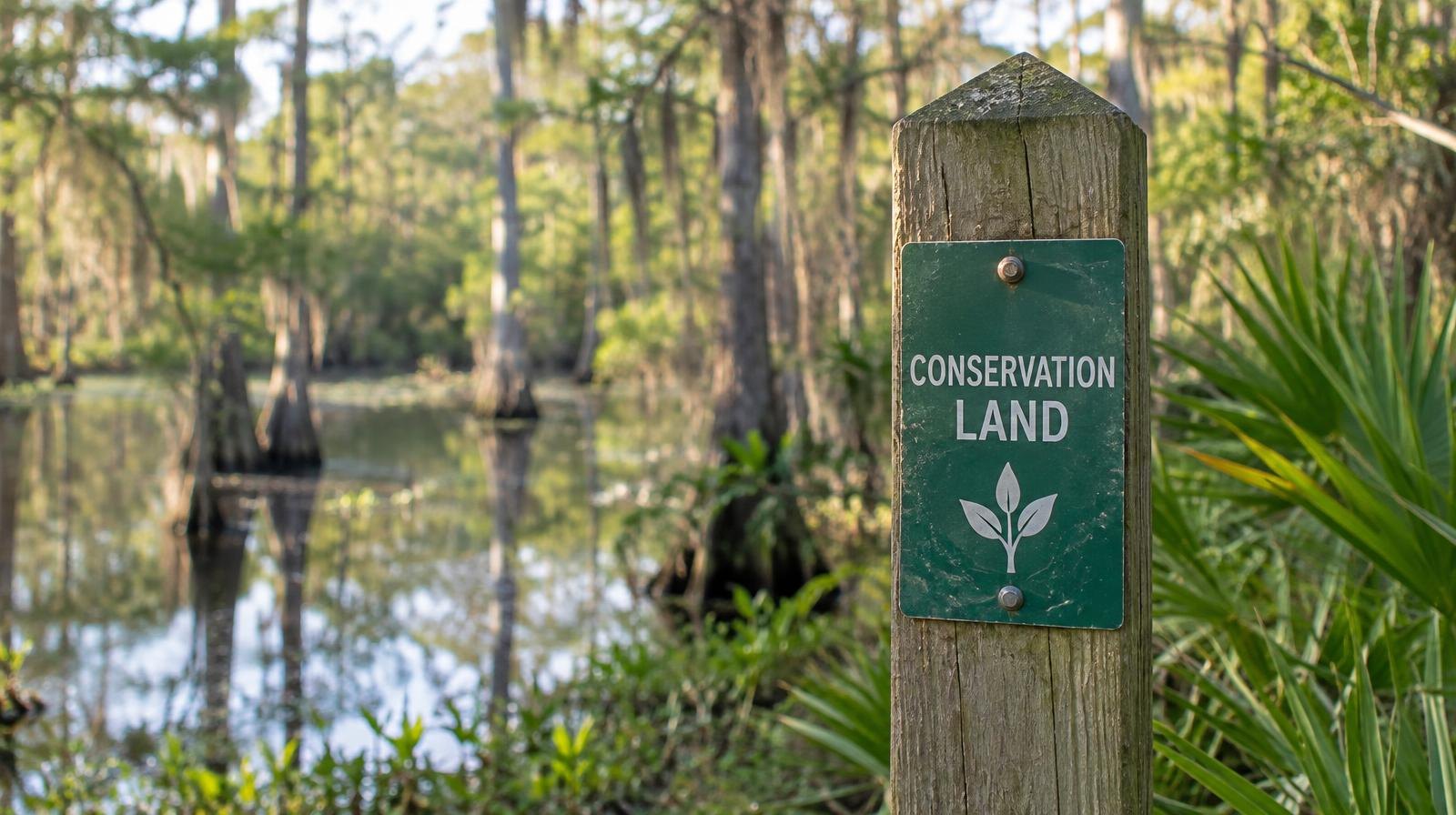 Wooden boundary marker post at the edge of a cypress wetland in morning light.
