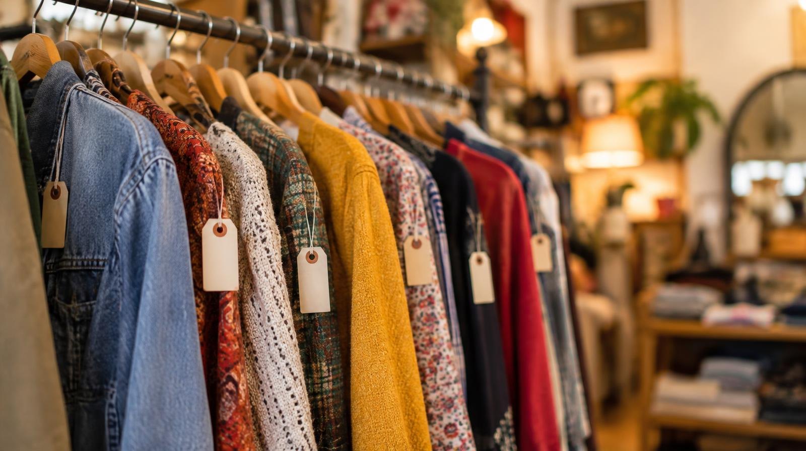 Colorful vintage clothing hanging on a rack with price tags.