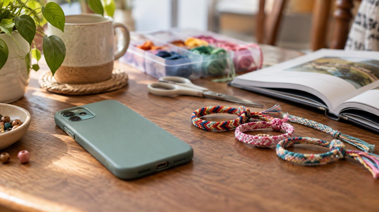 A face-down smartphone on a wooden table next to colorful friendship bracelets and craft supplies.