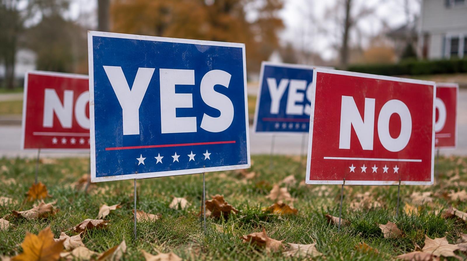 Colorful YES and NO campaign yard signs on wire stakes in a grassy lawn.