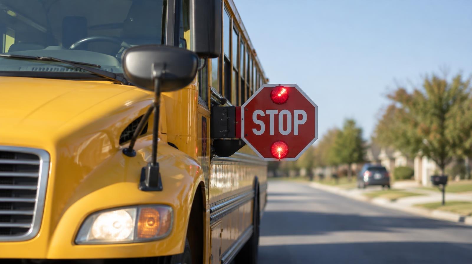 Yellow school bus stopped with red stop arm extended and warning lights on.