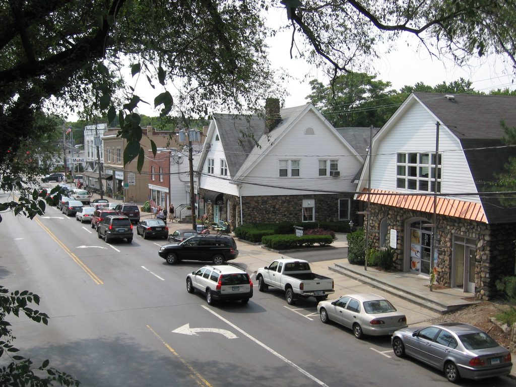 Downtown Old Greenwich section of Greenwich, Connecticut as seen from railroad bridge at the Old Greenwich railroad station, looking south at the western side of Sound Beach Avenue.