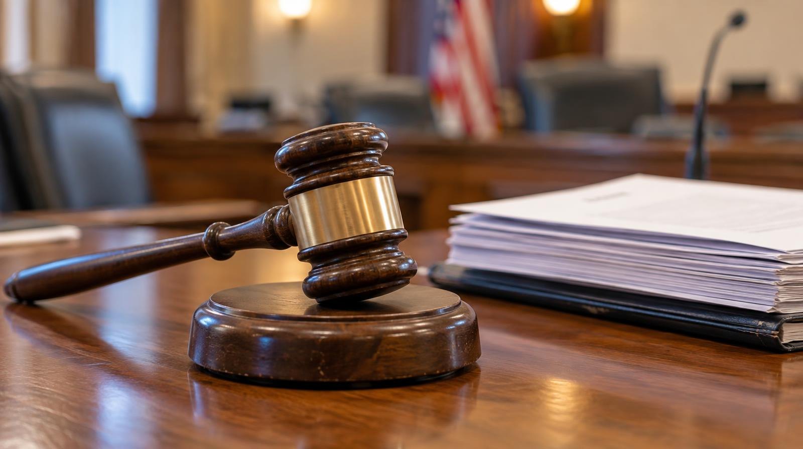 A wooden gavel resting on its sound block on a polished wooden table.