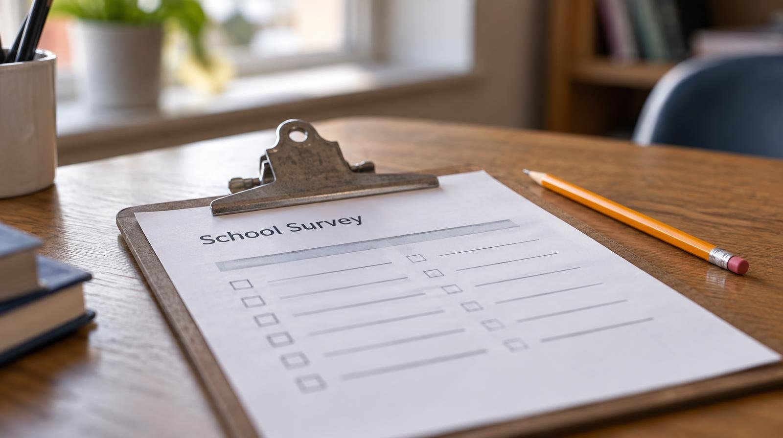 A clipboard with a form and a pencil on a wooden desk in soft natural light.