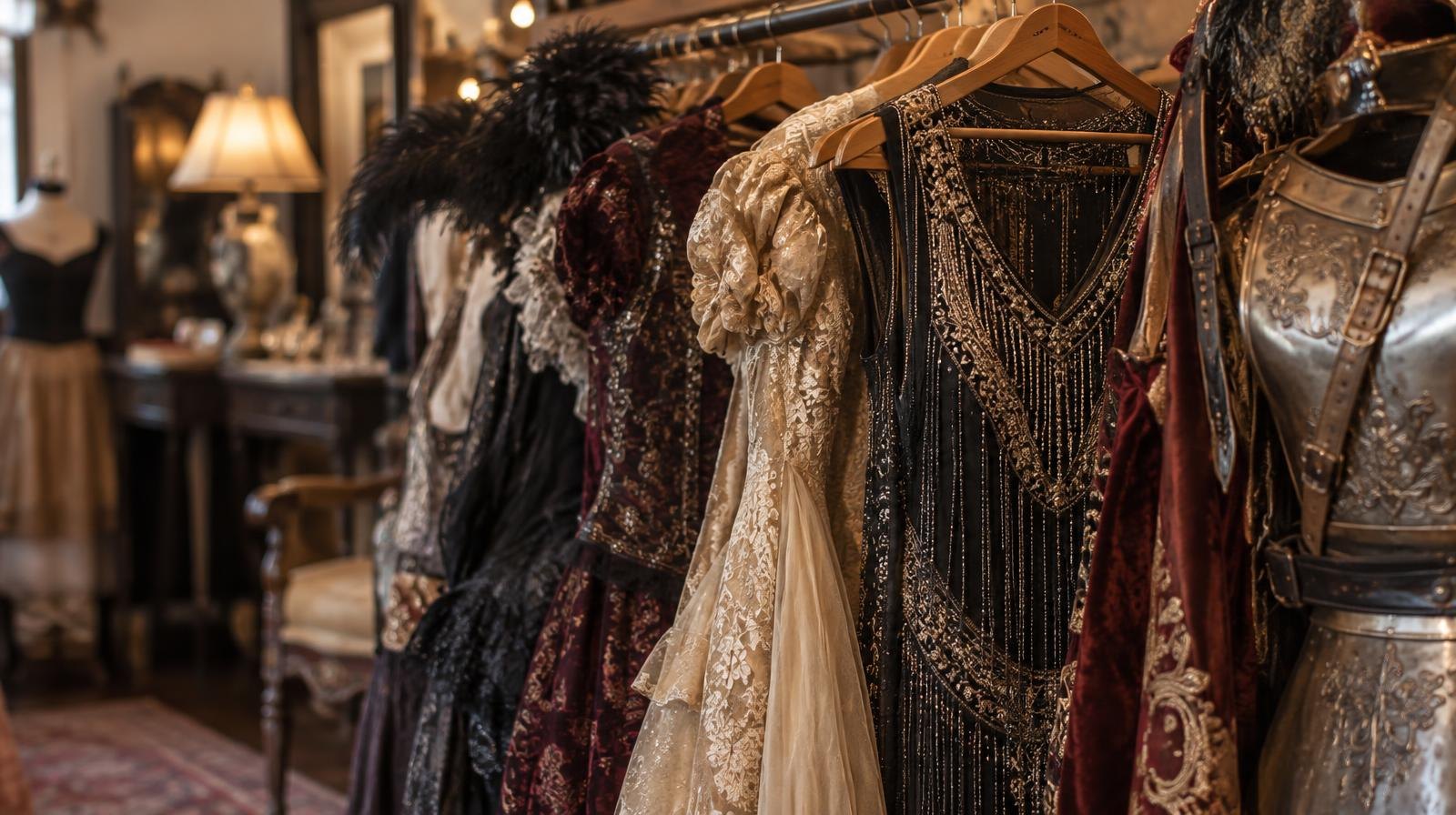A rack of colorful handmade period costumes in a warmly lit boutique.