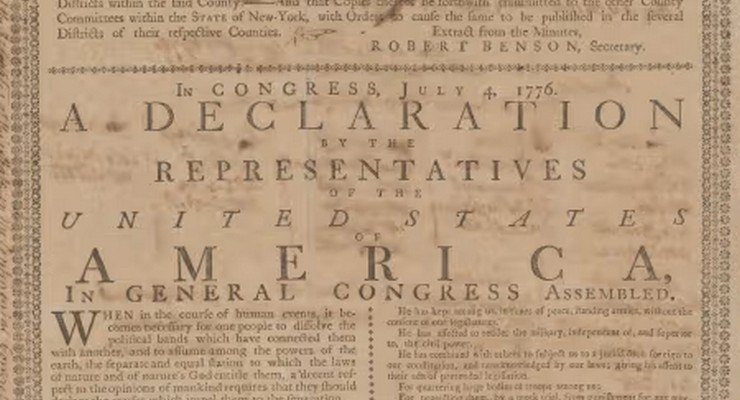A 1776 broadside printing of the Declaration of Independence with visible heading and body text on aged paper.