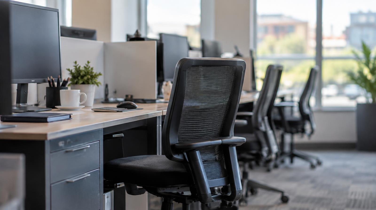 Row of empty office chairs at vacant desks in a sunlit open-plan office.