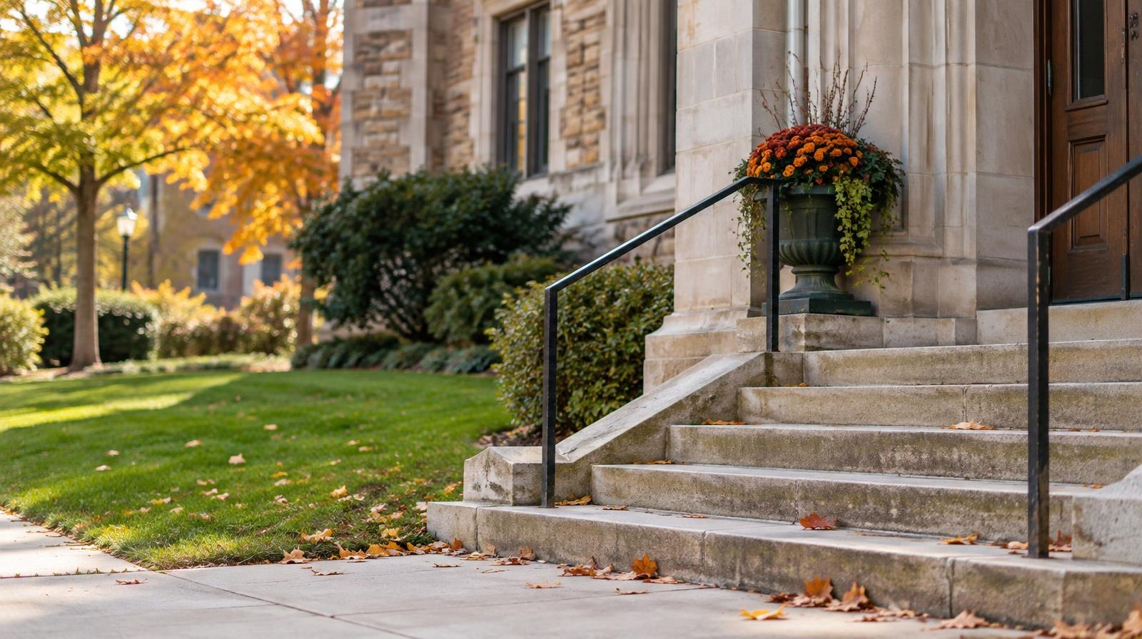 College campus building entrance with stone steps and a green autumn lawn.
