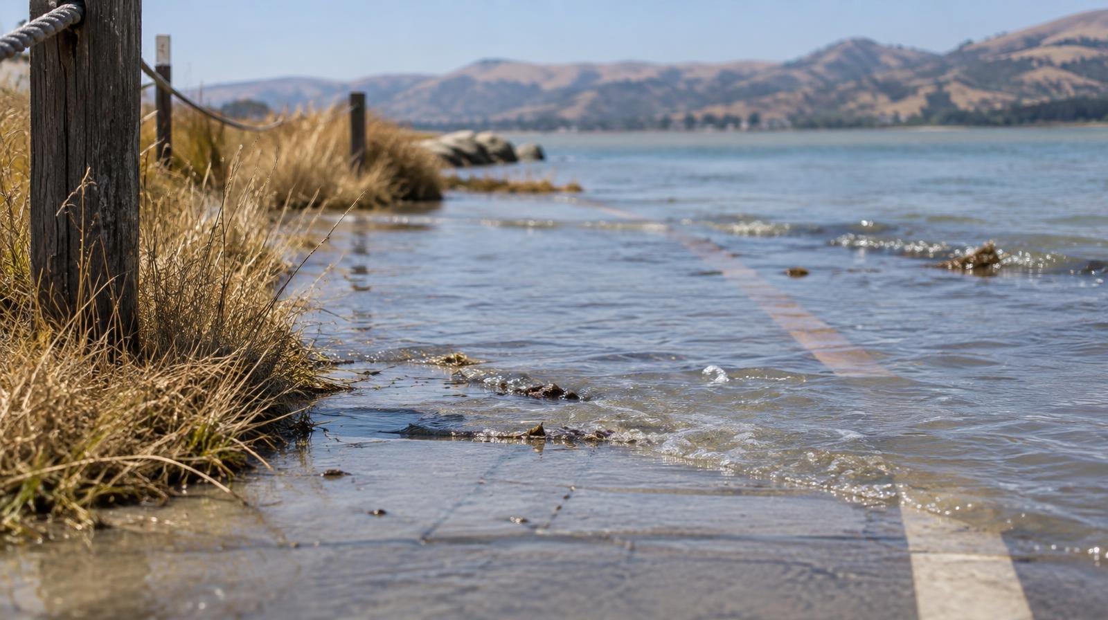 Bay water flooding over a paved shoreline trail surrounded by dry grass.