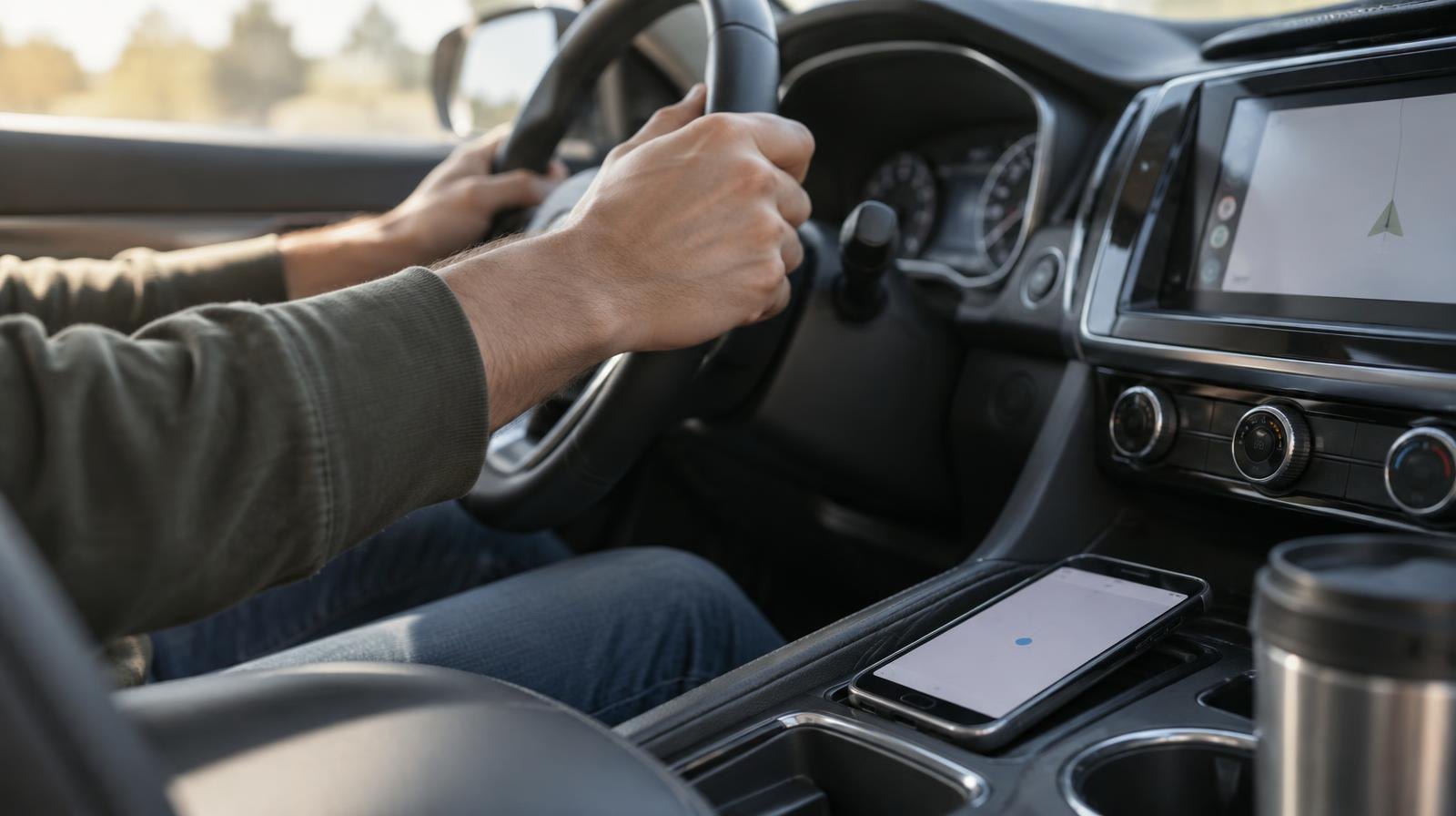Glowing smartphone on a car center console beside the steering wheel.