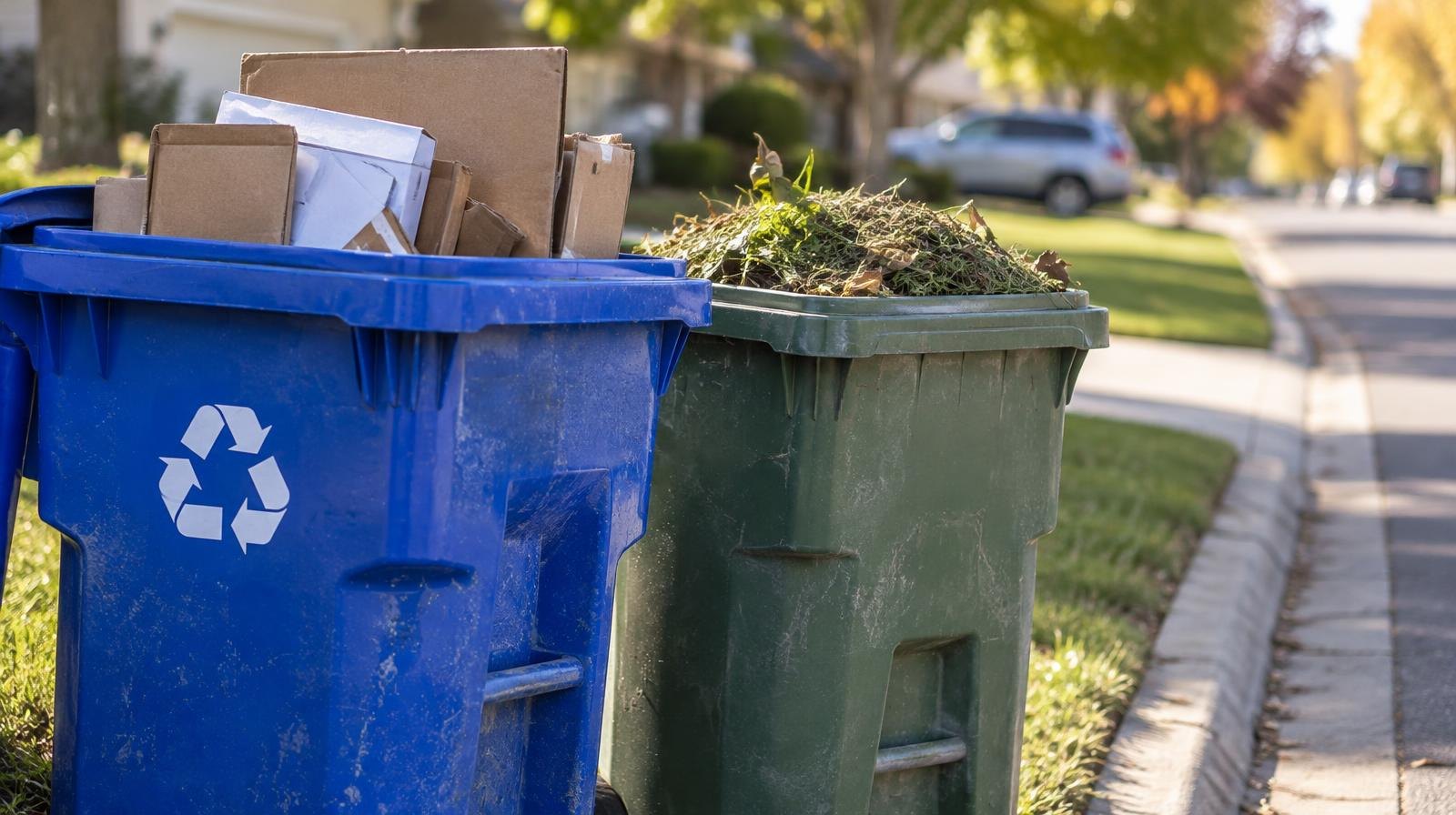 Blue recycling bin and green yard waste bin sitting at a suburban curb.