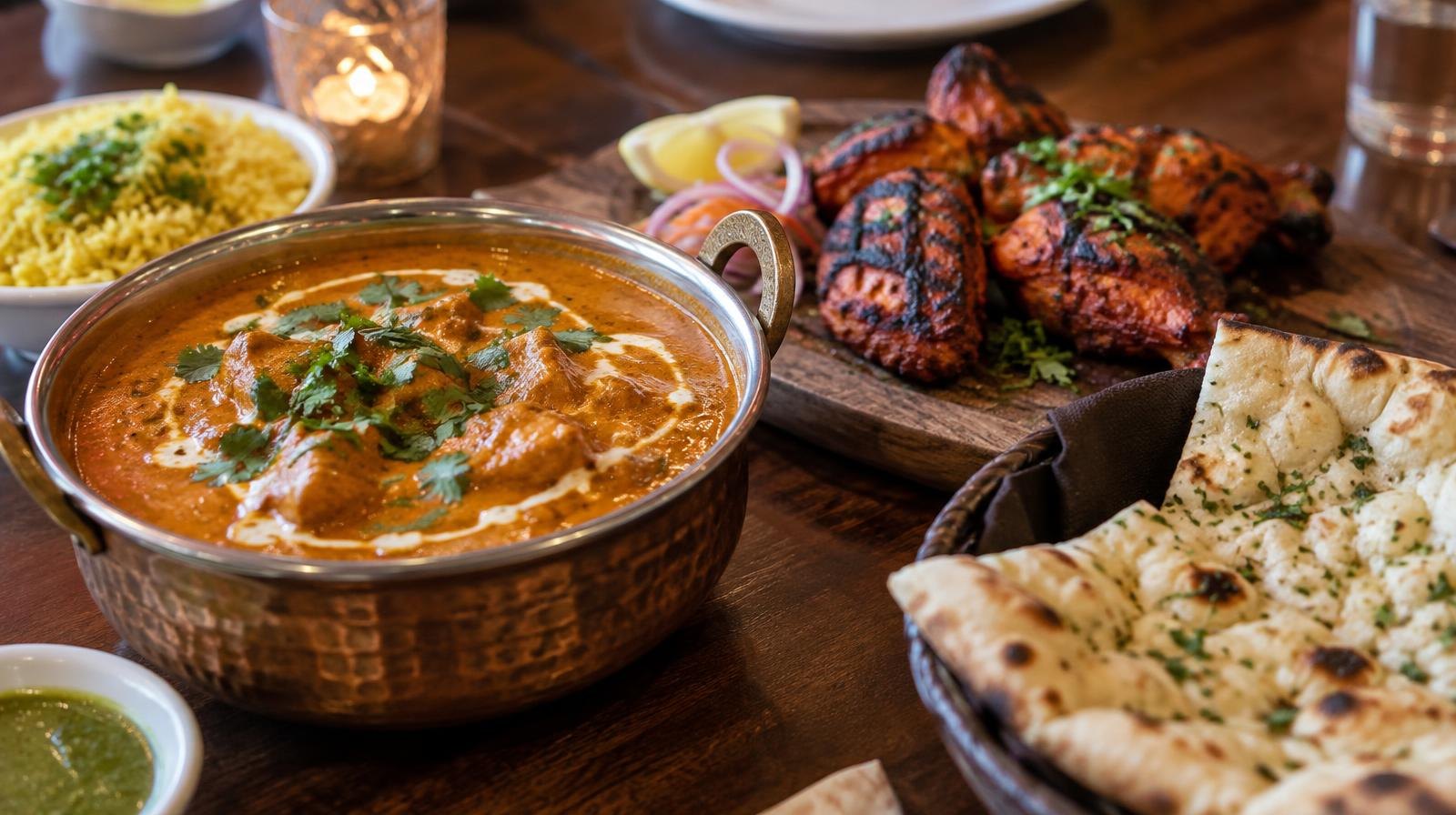 Indian curry, tandoori chicken, and naan bread arranged on a restaurant table.