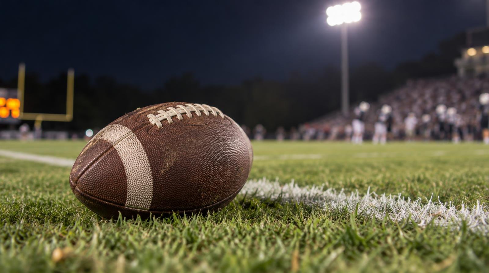 An American football resting on green grass near a white yard line under stadium lights.