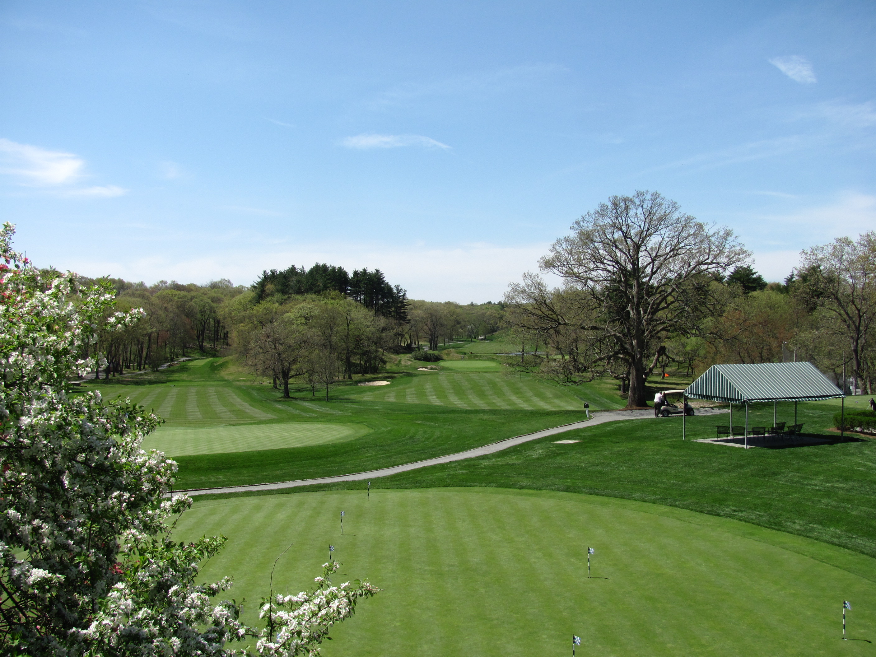 Manicured golf course fairway with a cart path and open-sided pavilion surrounded by trees.