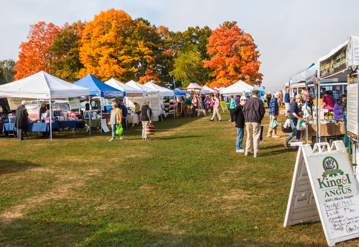 Shoppers browse vendor tents at an outdoor farmers market on a grassy field.