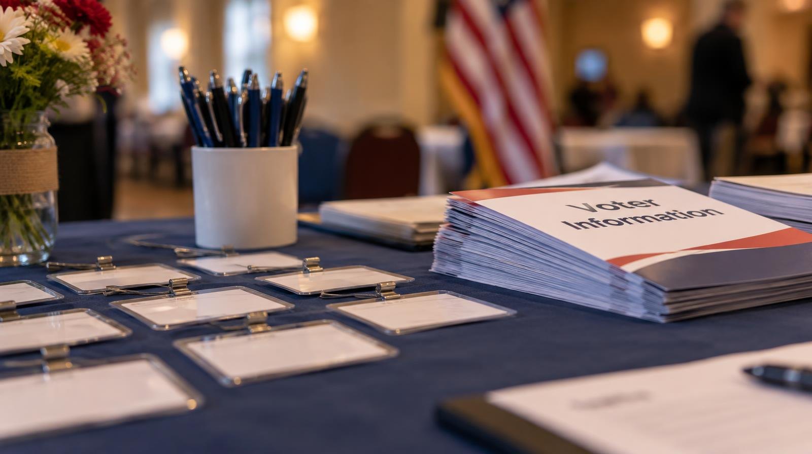 Blank name-tag badges and pamphlets arranged on a registration table indoors.