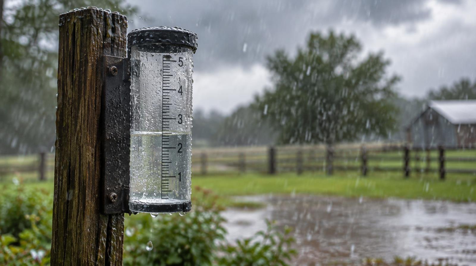 A rain gauge on a wooden post surrounded by falling raindrops and pooling water.