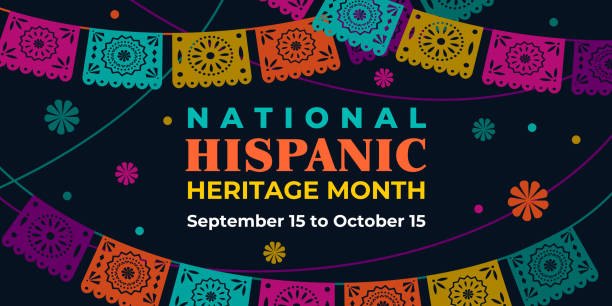 Decorative graphic with papel picado banners and floral designs for National Hispanic Heritage Month.