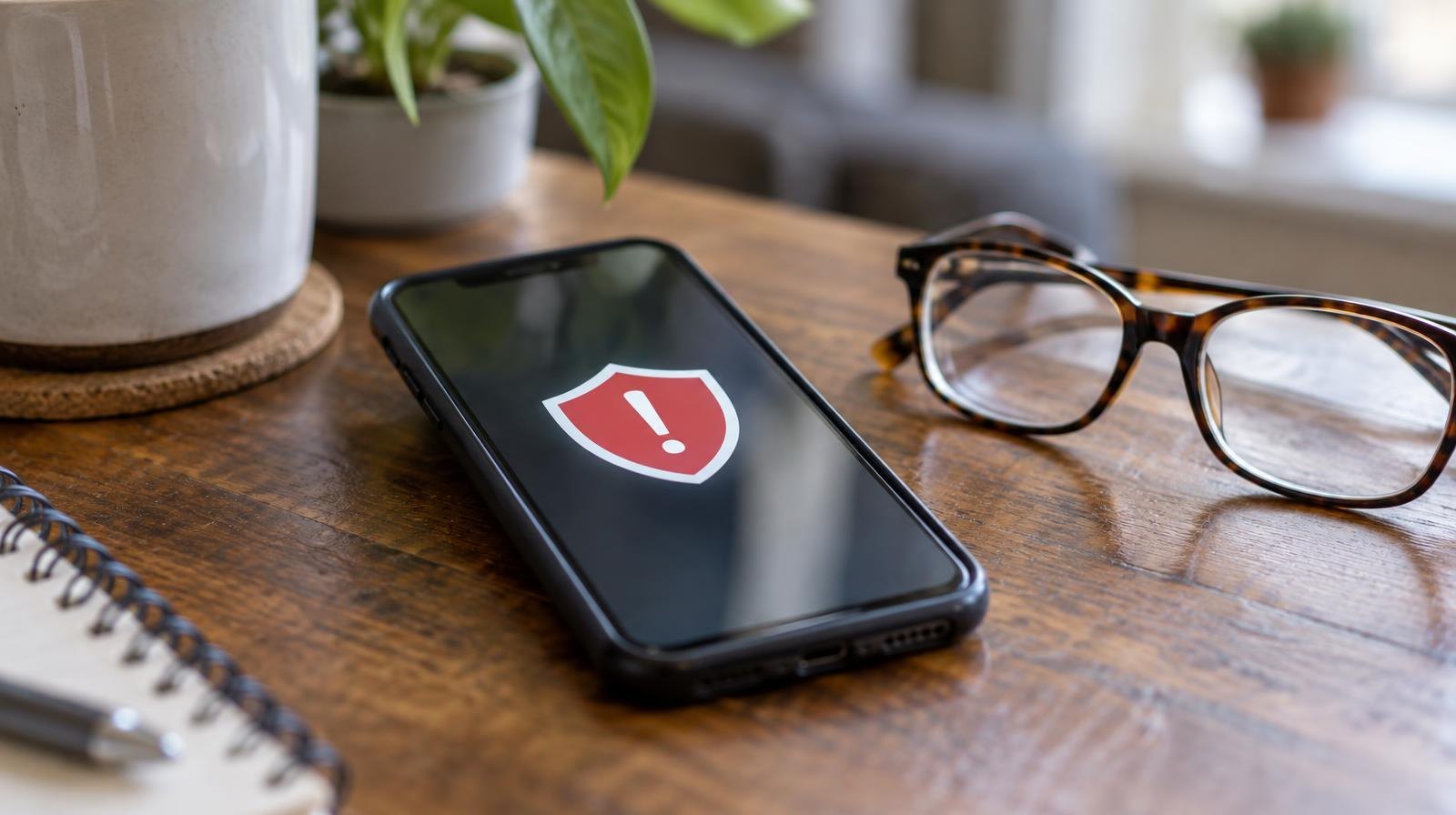 Smartphone with a warning shield icon on screen next to reading glasses on a wooden table.